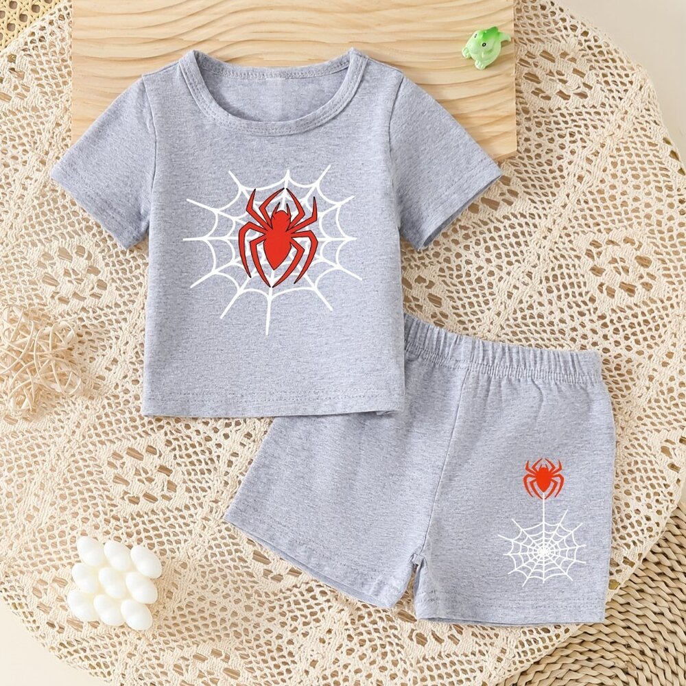 2pcs - 95% Cotton - Spider & Web Graphic Short Sleeve Crew Neck T-shirt + Shorts